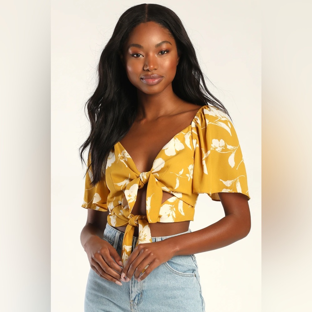 Tied for First Mustard Yellow Floral Print Tie-Front Crop Top